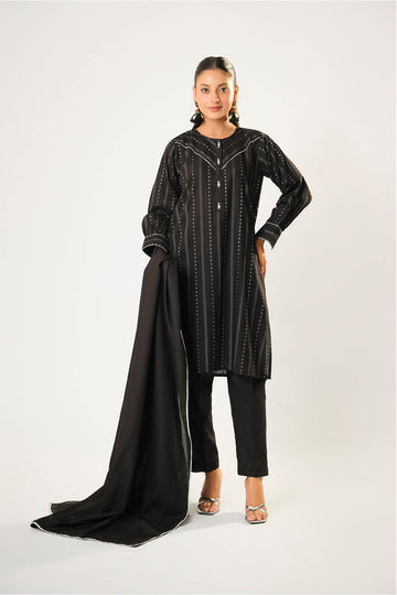 Women winter clothes | Black & Silver | Casual 3 Piece Suit | Cotton Karandi Dobby  | LAD-03210